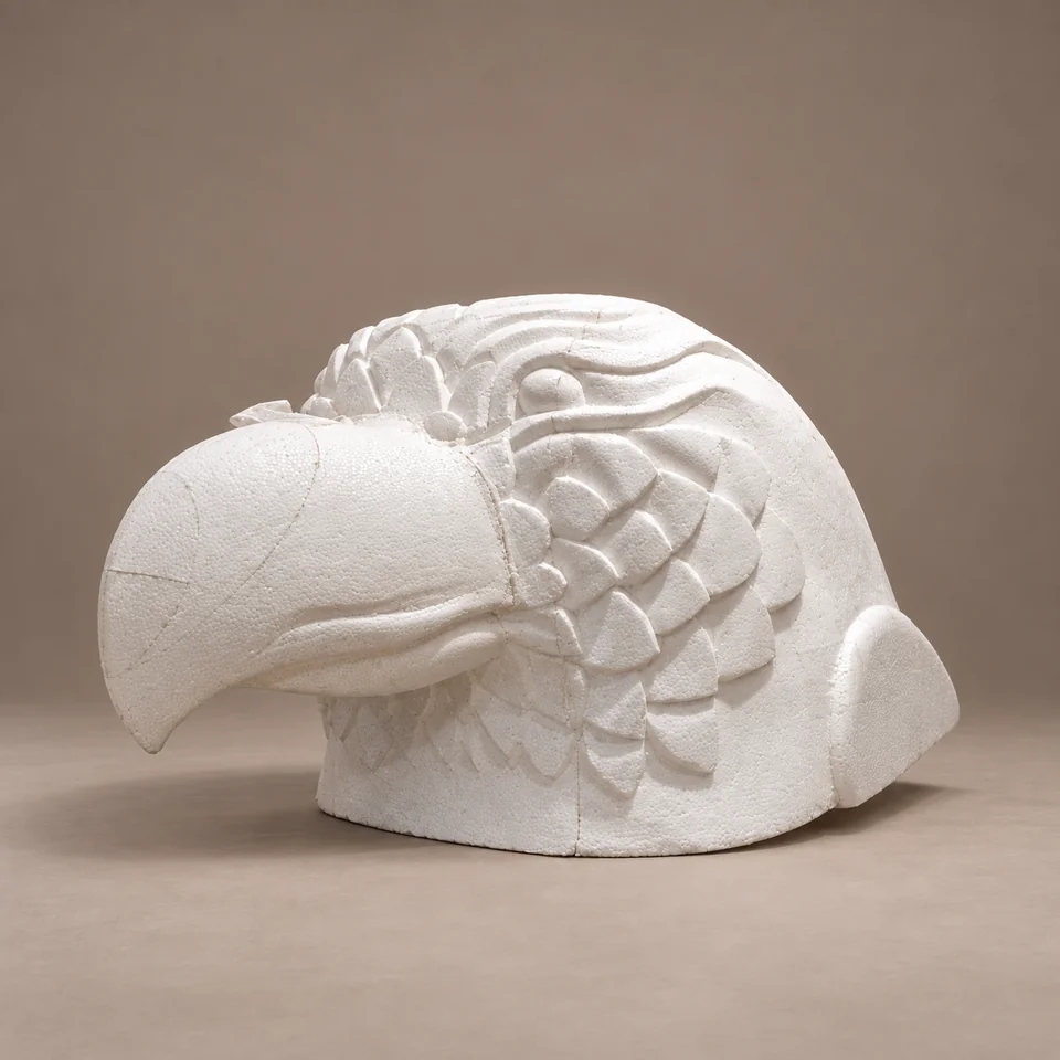 White thermocol eagle sculpture, digitally styled against a neutral studio background