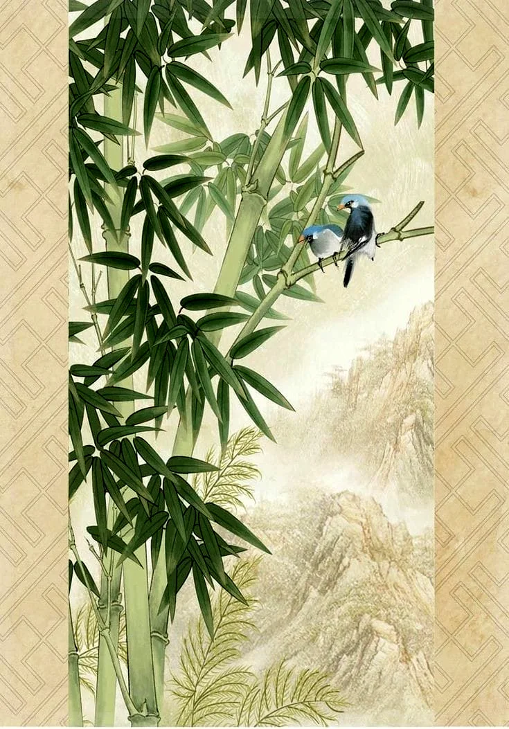 Soft green bamboo mural with a small bird and distant hills