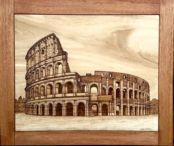Framed wood panel with a finely detailed rendering of the Colosseum