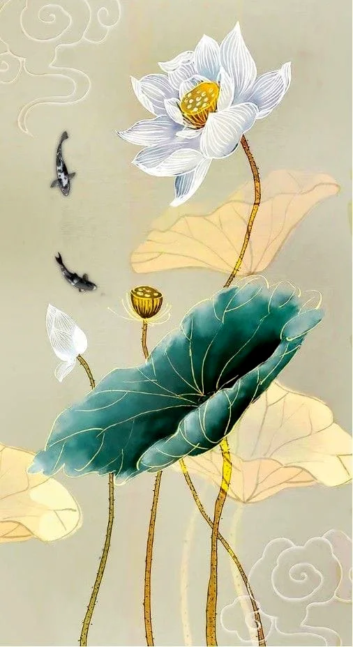 Elegant lotus mural with white flowers and teal leaves touched with gold